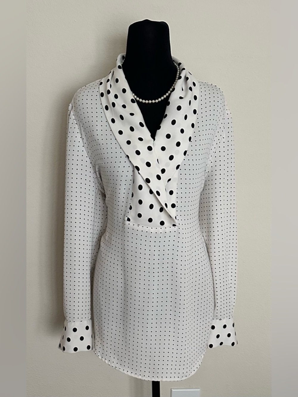 Chico's White Blouse with Black Polka Dot Shawl Collar